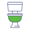 Graphic icon of blue toilet with green bowl